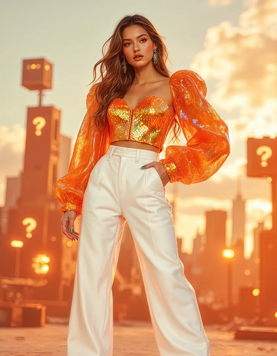 A photorealistic, high-fashion editorial photograph showcasing the vibrant Mushroom Kingdom Fashion style, featuring a look inspired by a Fire Flower. A model stands dynamically against a softly blurred background depicting stylized brick blocks and glowing question mark blocks under a bright, cheerful sky. She wears a striking two-piece outfit: a sculpted, fiery orange bustier top made of iridescent, scale-like sequins that shift to yellow, paired with high-waisted, wide-leg trousers in a crisp, matte white fabric. Her sleeves are dramatic, detached, voluminous puffs made of sheer, bright orange organza that seems to flicker with captured light. On her feet are sleek white boots with subtle green piping details, reminiscent of stems. Her makeup features bold orange eyeshadow, and her hair is styled in flowing waves. Accessories are minimal, perhaps a single green leaf-shaped earring. The lighting is bright and warm, making the sequined top sparkle intensely and the white trousers appear luminous. Energetic, fiery elegance, ultra-detailed textures (sequins, organza), sharp focus, 8K resolution.
<lora:mushroom-kingdom-fashion-flux:1>