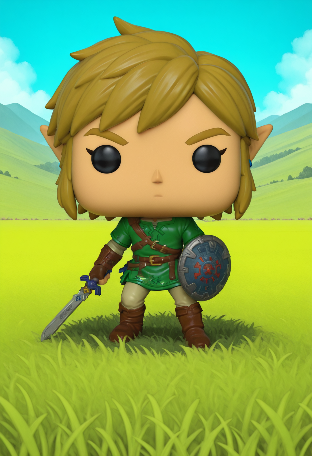 masterpiece, best quality, amazing quality,  funkopop, <lora:funkoPopIllustrious:1.1>, solo,
1boy, link, sword, shield, green field