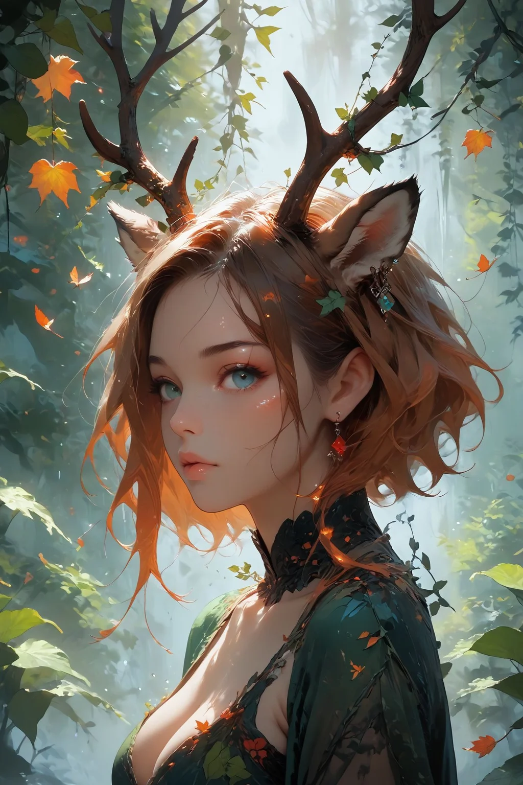 looking at viewer,detailed background,Cinematic Lighting,film grain,score_9,score_8_up,score_7_up,masterpiece,best quality,highly detailed,
<lora:(增强)sdxl_lightning_8step_lora:1>,<lora:glowneon_xl_v1:1>,glowing,<lora:hand 4:1>,hand person,<lora:Expressive_H:0.8>,Expressiveh,<lora:Concept Art Twilight Style SDXL_LoRA_Pony Diffusion V6 XL:0.6>,<lora:th3rm4lXLP:0.4>,th3rm4l,colorful,<lora:4ntl3rsXLP:0.8>,4ntl3rs,antlers,
1girl,animal ears,big breasts,deer ears,earrings,no humans,palmate,solo,upper body,pelt,antlers mix branch,vines,hair vines,leaf,falling leaves,