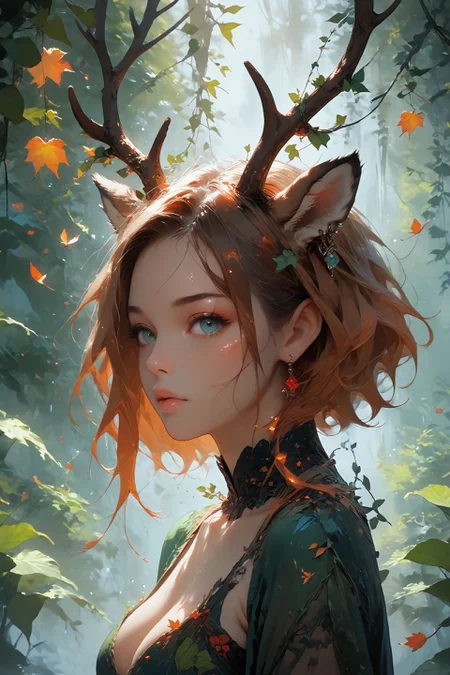 looking at viewer,detailed background,Cinematic Lighting,film grain,score_9,score_8_up,score_7_up,masterpiece,best quality,highly detailed,
<lora:(增强)sdxl_lightning_8step_lora:1>,<lora:glowneon_xl_v1:1>,glowing,<lora:hand 4:1>,hand person,<lora:Expressive_H:0.8>,Expressiveh,<lora:Concept Art Twilight Style SDXL_LoRA_Pony Diffusion V6 XL:0.6>,<lora:th3rm4lXLP:0.4>,th3rm4l,colorful,<lora:4ntl3rsXLP:0.8>,4ntl3rs,antlers,
1girl,animal ears,big breasts,deer ears,earrings,no humans,palmate,solo,upper body,pelt,antlers mix branch,vines,hair vines,leaf,falling leaves,