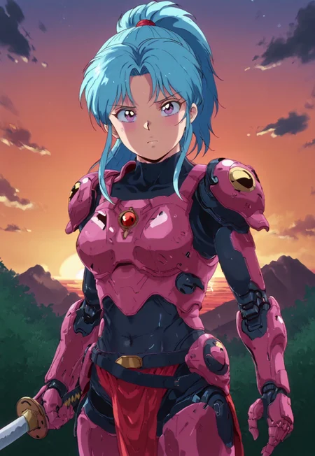 high contrast, masterpiece, best quality, amazing quality, very aesthetic, high resolution, ultra-detailed, absurdres, 1girl, solo, botan (yu yu hakusho), long hair, blue hair, purple eyes, ponytail, retro artstyle, 1990s (style), Nyuu Koubou, sunset, mature female, clouds, Cyborg Samurai, katana, pink cyborg armor,