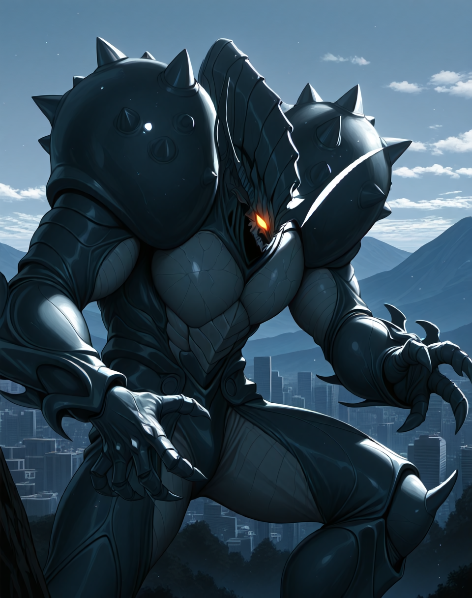 score_9, score_8_up, score_7_up,
<lora:Hyper_Zoanoid_(Guyver)_(Illustrious)_(AD):1.5> Hyper Zoanoid, Guyver, monster, 
exterior, science fiction, mountains, city skyline, sky with anime clouds,
cowboy shot, bent knee, dynamic action, 
colored body, glowing eyes, dominating, powerful, solo, stocky, bulky, thick armored hide, hyper muscular, 
BREAK Smooth Quality, IllusP0s, lazyhand, lazympos, lazynsfw,