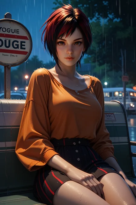 score_9, score_8_up, score_7_up,
<lora:DOAMila:0.8>
DOAMila, 1girl, black hair, red hair, multicolored hair, brown eyes, short hair, looking at viewer, bus stop, night, rain, sitting, leaning back, dynamic lighting, modern, vogue