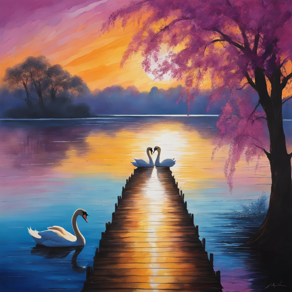 Beneath a sky painted with brilliant hues of magenta and amber, the sun casts its final golden rays across a tranquil, sapphire lake. The shimmering water reflects a kaleidoscope of colors, dancing and intertwining with each gentle ripple. On the bank, a weeping willow drapes its delicate branches towards the surface, its leaves caressed by a soft, whispering breeze. A family of swans glides gracefully on the lake, leaving behind a trail of undulating waves. In the distance, the silhouette of an old wooden jetty, worn by time, stretches out into the water, and at its end, a lone figure stands, casting a fishing line, capturing the serenity of the moment in his patient stance.