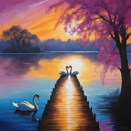 Beneath a sky painted with brilliant hues of magenta and amber, the sun casts its final golden rays across a tranquil, sapphire lake. The shimmering water reflects a kaleidoscope of colors, dancing and intertwining with each gentle ripple. On the bank, a weeping willow drapes its delicate branches towards the surface, its leaves caressed by a soft, whispering breeze. A family of swans glides gracefully on the lake, leaving behind a trail of undulating waves. In the distance, the silhouette of an old wooden jetty, worn by time, stretches out into the water, and at its end, a lone figure stands, casting a fishing line, capturing the serenity of the moment in his patient stance.