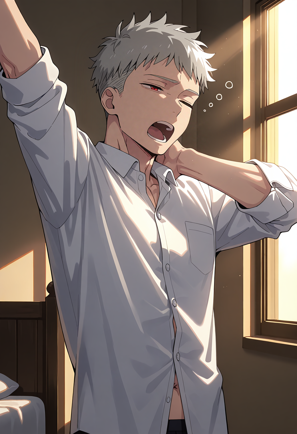 <lora:Fujimoto_Shiro_Blue_Exorcist__Ao_No_Exorcist__éã®ç¥é­å¸«_v2:1>,
fsh1r0,grey hair,red eyes,1boy,male focus,solo,
white collared shirt,open mouth,yawning,sleepy,outstretched arm,arm up,hand on own neck,upper body,navel peek,abs peek,bedroom,window,sunlight,window shadow,morning,
masterpiece,best quality,amazing quality,absurdres,highres