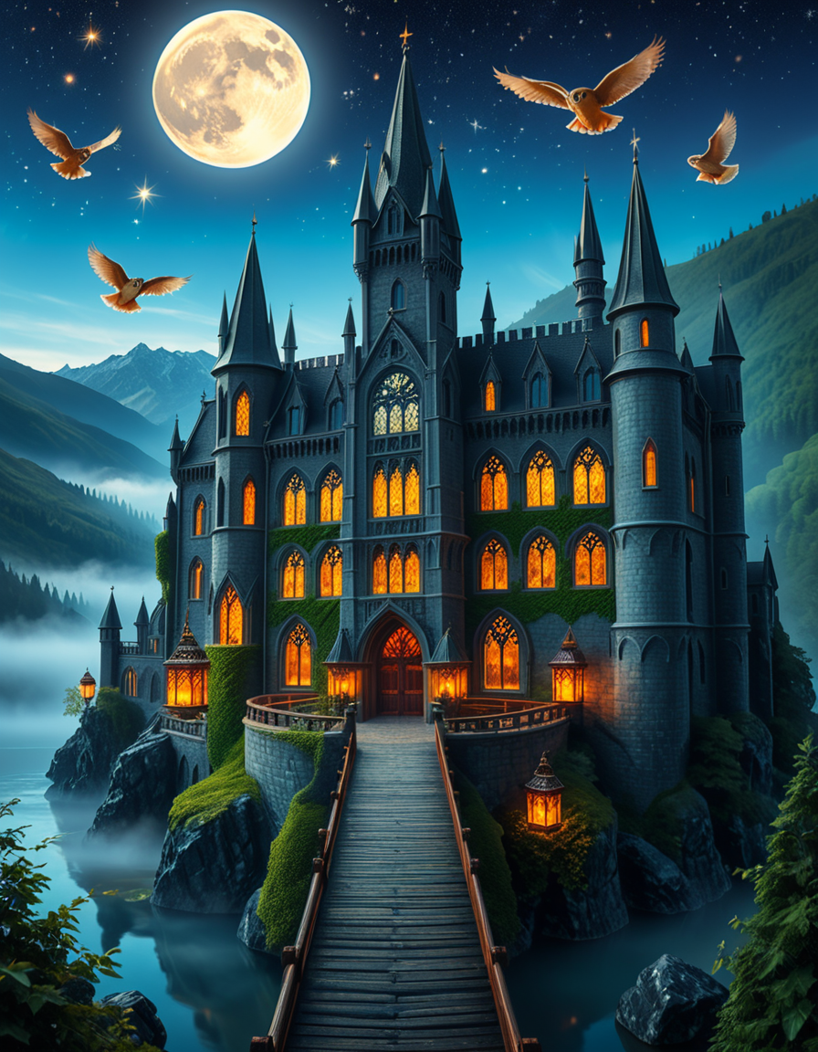 A majestic, ancient castle perched on a rocky hill, serving as a prestigious school for young wizards. The castle is a grand structure with towering spires, intricate gothic architecture, and large stained-glass windows that glow with magical energy. The stone walls are covered in ivy, and enchanted lanterns float around the entrance, casting a soft, mystical glow. A massive wooden bridge leads to the main gate, suspended over a misty, enchanted lake that reflects the moonlight. In the background, rolling green hills and dense, fog-covered forests surround the school, adding an air of mystery. The sky is a deep twilight blue, with stars twinkling and a full moon shining brightly. Some windows in the castle emit warm, golden light, hinting at classrooms filled with spellbooks and students practicing magic. A few owls are seen soaring above, delivering messages. The atmosphere is magical, mysterious, and full of wonder, as if the castle itself is alive with enchantments.
<lora:SDXLFaeTastic2400:0.4> <lora:extremely_detailed:0.4> extremely detailed, <lora:ancient_c4stl3:1>,ancient c4stl3, Masterpiece,best quality,hi res,8k,hi res,8k,award winning,(sharp focus, intricate, highly detailed),