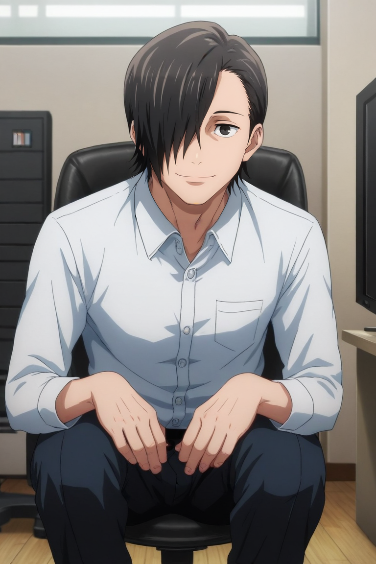 score_9, score_8_up, score_7_up, source_anime, rating_safe, , (photorealistic:0.6), looking at viewer, , 1boy, solo, male focus, <lora:junpei_yoshino_pony:0.76>, junpei_yoshino, black hair, black eyes, short hair, hair over one eye, focused, office, computers, indoors, dark, squatting, light smile, , <lora:sdxl_lightning_8step_lora:1>