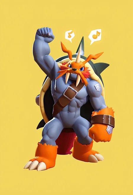 score_9, score_8_up, score_7_up, score_6_up, source_furry, solo, dof, white background, {{Zudomon, blue eyes, signal horn, fangs,shell,belt}}, muscular, digimon (creature),((full body:1.3)),perfecteyes,one arm raise,one hand closer at his thigh, yellow background(lighting symbols behind),perfect hand fist anatomy,perfect detailed fingers anatomy++,brawl