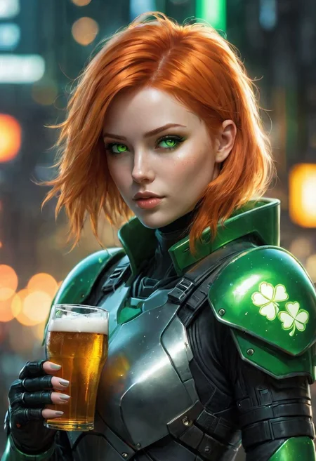 irish woman, orange hair, green eyes, blurry, cyber fighter, cyberpunk district, lips, nose, realistic, science fiction, solo, full body, drinking beer, minimal armor, glowing green light armor, Clover symbol, mean human shape, bokeh blur, Cinematographic lighting
