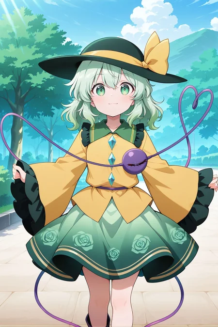 absurdres, highres, masterpiece, best quality, amazing quality, official anime artwork, screencap, anime screencap, outdoors, looking at viewer, light smile, dynamic pose, standing,
<lora:Komeiji-Koishi_IllustriousV2:1> komeiji koishi, 1girl, solo, green eyes, green hair, medium hair, third eye, heart of string,, green hat, hat ribbon, yellow ribbon, frilled shirt collar, yellow shirt, long sleeves, wide sleeves, diamond button, rose print, green skirt, black boots,
