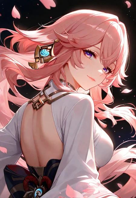 1girl, Nillou Genshin Impact, lips, thin lips, solo, looking at viewer, charming sensual smile, dancing, water droplets in the air, chupa chups, upper body, from below, back lighting, dark, multicolored background, masterpiece,  flower petals ,cherry blossom, best quality, very aesthetic