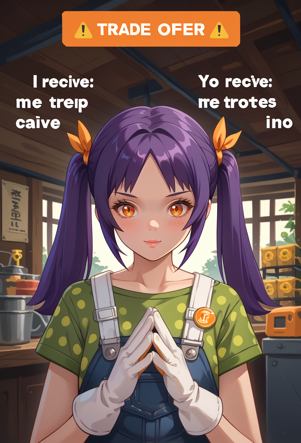 score_9, score_7_up, source_anime, BREAK <lora:AESjal:0.7> AESjal, orange eyes, long hair, purple hair, sidelocks, twintails, hair ribbon, orange ribbon, badge, blue overalls, green shirt, polka dot shirt, short sleeves, white gloves, overall skirt, capri pants, boots, yellow footwear, <lora:TradeOfferMeme_XLPD:1> TradeOfferMeme, own hands together, upper body