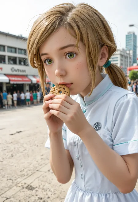 <lora:Hyper-SDXL-8steps-lora:1> <lora:Fixhands_anime_bdsqlsz_V1:1> zPDXL2, score_9, score_8_up, score_7_up, source_anime, intricate details, perfect anatomy BREAK
outdoors, city, tokyo, japan, audience, crowd, close up, munching on a cookie,  from side,  looking at viewer, bitten cookie,  eating, Dopey, Wide-eyed, slack-jawed, and with a goofy expression., 1girl, solo, solo focus, 
<lora:GAGE-wendy_hearts_XL(pony)v10:1> gage-wendy, blonde hair, low ponytail, GAGE-wendy outfit, white dress, green shorts, black pantyhose, white boots,