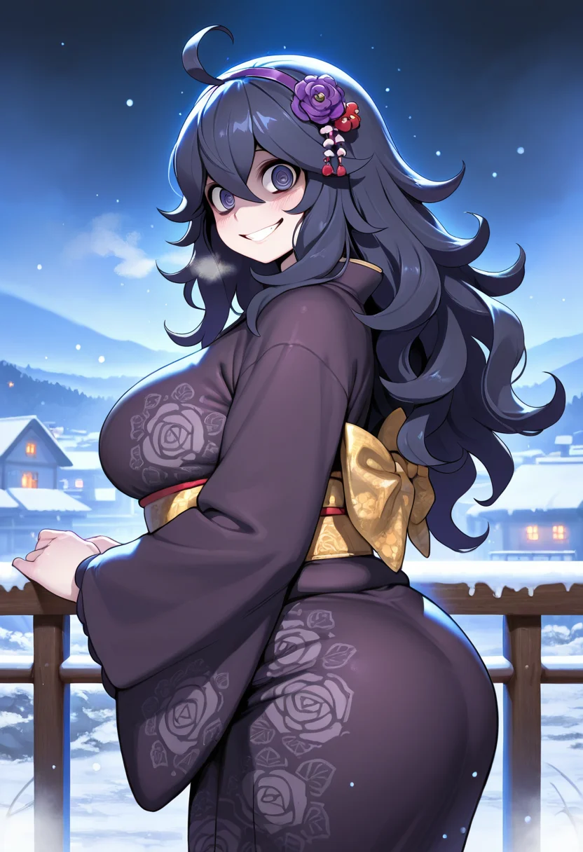 hex maniac, chubby, masterpiece, best quality, amazing quality, ultra detailed, solo, 1girl, adult, print kimono, hair ornament, night, particles, grin, looking at viewer, snow, cowboy shot, from side, handrail, valley, town, fog,