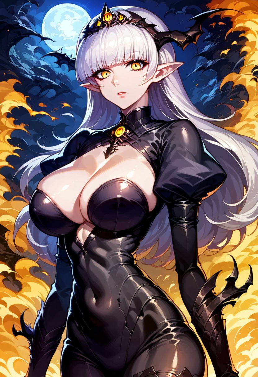 SCORE_9, SOURCE_ANIME, PORTRAIT, DARK ALICE, POINTY EARS, WHITE HAIR, YELLOW EYES, BLACK BODYSUIT, LARGE BREASTS, NIGHT, MIST, CORRUPTED LANDSCAPE