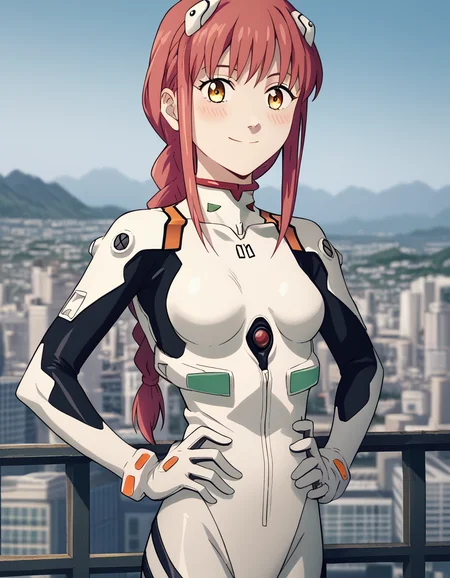 score_9, score_8_up, score_7_up, source_anime, makima, <lora:chainsaw-man-makima-s1-ponyxl-lora-nochekaiser:1> makima, long hair, smile, bangs, yellow eyes, braid, red hair, braided ponytail, ringed eyes,, <lora:rei-ayanami-cosplay-ponyxl-lora-nochekaiser:1>, reiayanamicosplay, ayanami rei \(cosplay\), bodysuit, headgear, plugsuit, white bodysuit,, outdoors, cityscape, smile, blush, hands on hips,, cowboy shot, dutch angle, solo,