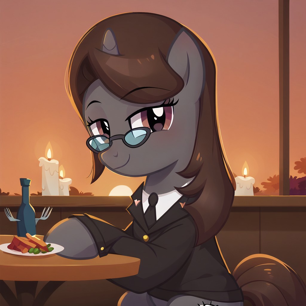 masterpiece, perfect detail, best high quality, source_pony, show accurate, cute, 1girl, 1man, female, oc:sonata, glasses, attorney suit, badge on collar, pony, tail, sitting, sitting in chair, table, 2 wine glasses, plates, silverware, forks, knives, napkins, fancy restaurant, dinner, candles, windows, sunset, smile, closed mouth, beautiful, bedroom eyes, looking at you, facing you, sitting across from you, pov, human male, offscreen character, suit, hands on table, 5 fingers, score_9, score_8_up, score_7_up, score_6_up, score_5_up, score_4_up