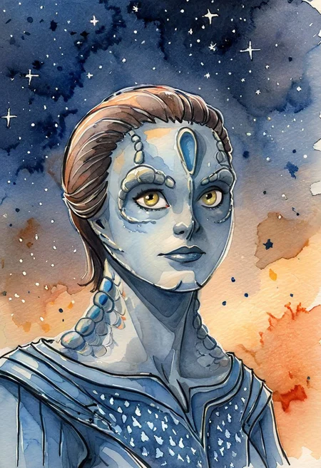 ((novuschroma43 style watercolor sketch) of a female c4rd45514n alien, forehead crest, grey skin, ridges, scales), black starry night time sky background full of stars