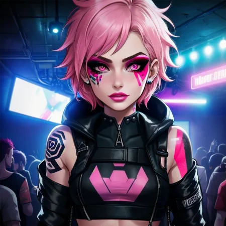 close-up, night club, underground club, neon lights, a punk female, makeup, short pink hair, tattoo, techwear outfit, crowd, industrial, perfection, beautiful, masterpiece