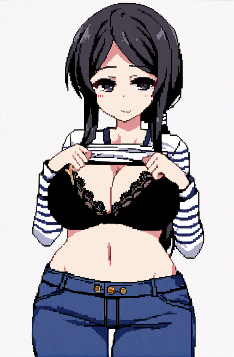 character: Kanae (å¶ç»), character: Kanae (å¶ç») clothes2, pixel art, 1girl, solo, simple background, white background, cowboy shot, looking at viewer, lifted by self, smile, closed mouth, black eyes, black hair, long hair, sidelocks, large breasts, shirt lift, cleavage, white striped shirt, navel, black bra, long sleeves, lace trim, blue jeans, low ponytail<lora:summer memories v8.3 (å¤æè£æ­£ååå¾ç¿»è½¬)-000005:1>