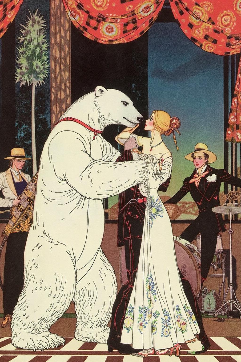 kaynielsen1 illustration.
A couple dancing with a polar bear at a jazz club. A band is playing in the background. <lora:kaynielsen1_d8a4e12:1.0><lora:865846699338246477:0>