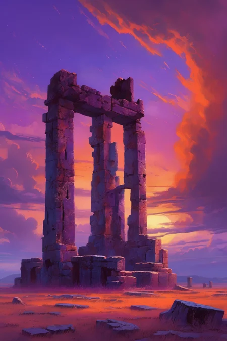 <lora:Noah Bradley Style:1>Noah Bradley Style - A cinematic movie still of ancient ruins in a deserted landscape. The ruins, with crumbling walls and broken columns, stand as a reminder of a once-thriving civilization. The sky above is painted with vibrant hues of orange and purple, signaling the approach of twilight.