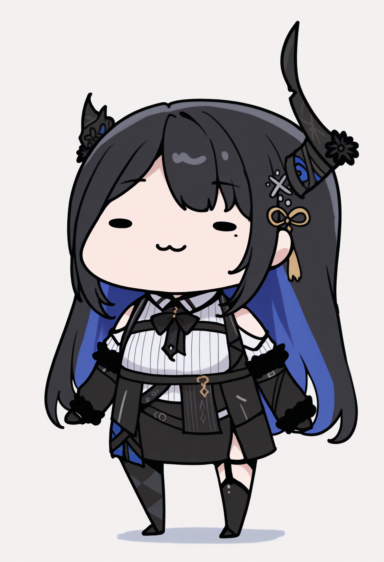 masterpiece, best quality, 1girl, solo, Ner1ssaDef, colored inner hair, black hair, blue hair, uneven horns, long hair, hair ornament, black ribbon, fur-trimmed sleeves, black sleeves, collared shirt, white shirt, ribbed shirt, shoulder cutout, black gloves, black skirt, miniskirt, side slit, singe leg pantyhose, checkered pantyhose, black thighhighs, asymmetrical legwear, mole under eye, chibi, dot eyes, :3, smile, <lora:ChamNerissaRavencroftIllustriousXL:1>, <lora:style_walfie_illustriousXL-GLoRA:1>