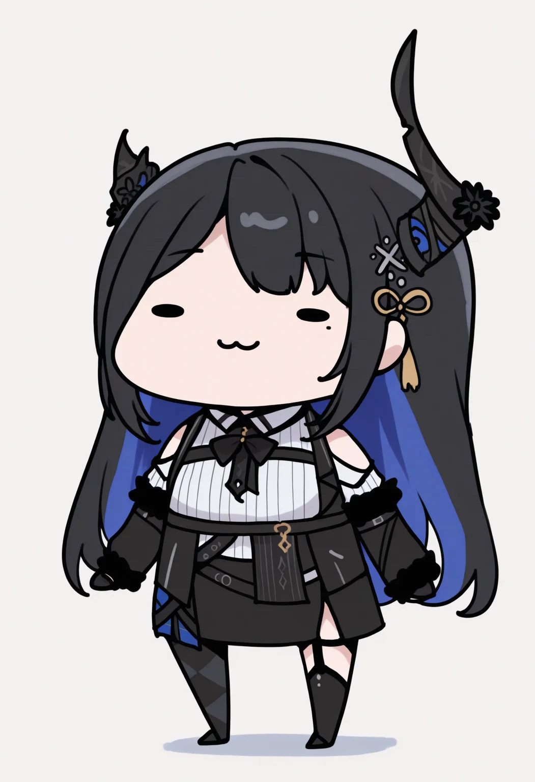 masterpiece, best quality, 1girl, solo, Ner1ssaDef, colored inner hair, black hair, blue hair, uneven horns, long hair, hair ornament, black ribbon, fur-trimmed sleeves, black sleeves, collared shirt, white shirt, ribbed shirt, shoulder cutout, black gloves, black skirt, miniskirt, side slit, singe leg pantyhose, checkered pantyhose, black thighhighs, asymmetrical legwear, mole under eye, chibi, dot eyes, :3, smile, <lora:ChamNerissaRavencroftIllustriousXL:1>, <lora:style_walfie_illustriousXL-GLoRA:1>