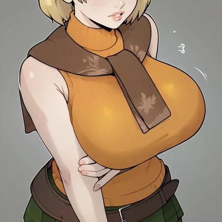 score_9, score_8_up, BREAK, 1girl, Ashley Graham (Resident Evil 4), absolutely massive breast, tight clothing, reAshley, brown eyes, bangs, red scarf, orange sweater, sleeveless turtleneck, green miniskirt, belt, pantyhose, solo, solo focus, breast focus