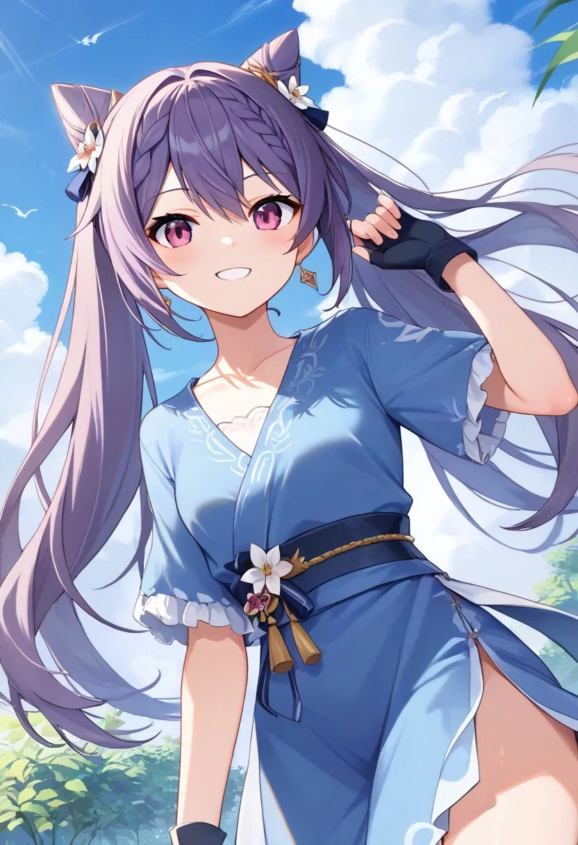 score_9, score_8_up, score_7_up, source_anime, best quality, masterpiece, 1girl, solo, smile. dutch angle, outdoors, sky,
keqingcs, purple hair, cone hair bun, purple eyes, long hair, double bun, braid, twintails, 
blue dress, short sleeves, sash, side slit, fingerless gloves