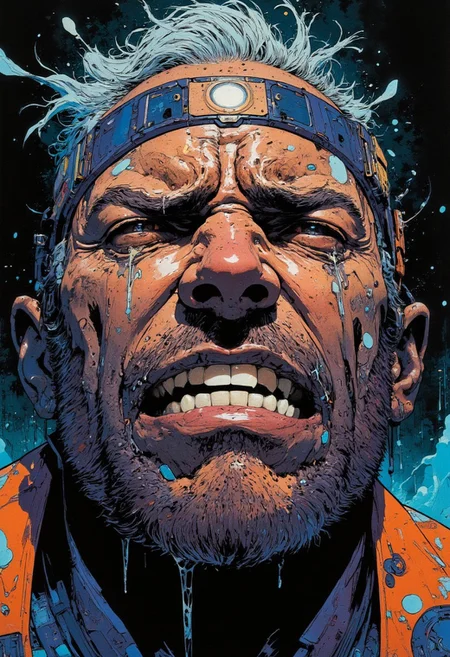 painting of an extreme close up on a man crying desperately, tears all over the face, mouth open in desperate facial expression, saturated colors and line inking in the style of a graphic novel,