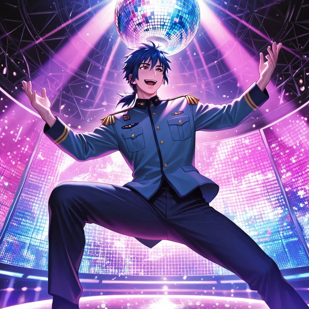 masterpiece, best quality, amazing quality, absurdres, newest, detailed background, definition so sharp, Ultra-HD, 8K cinematic, very awa, impressionate, amazing quality, highres,
solo, male focus, manly,
daikakukokujouji, 1boy, short hair, tied hair, low tied hair, lieutenant_pretime, lieutenant_blue hair, lieutenant_brown eyes, dancing, energetic pose, open mouth smile, clumsy moves, colorful lighting, disco ball, upbeat music, joyful, cool, energetic, charming, funny
