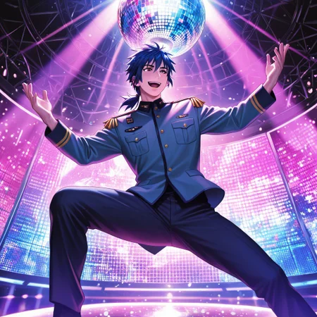 masterpiece, best quality, amazing quality, absurdres, newest, detailed background, definition so sharp, Ultra-HD, 8K cinematic, very awa, impressionate, amazing quality, highres,
solo, male focus, manly,
daikakukokujouji, 1boy, short hair, tied hair, low tied hair, lieutenant_pretime, lieutenant_blue hair, lieutenant_brown eyes, dancing, energetic pose, open mouth smile, clumsy moves, colorful lighting, disco ball, upbeat music, joyful, cool, energetic, charming, funny