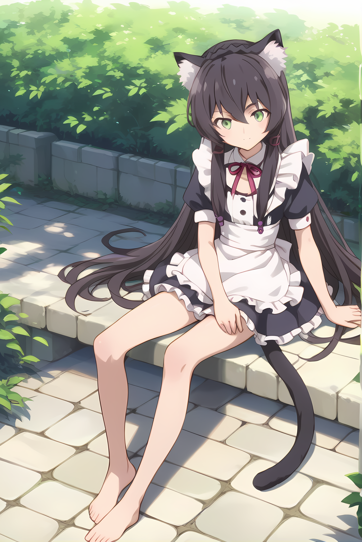 (maid apron), im-rem, cat tail, 1girl, solo, skinny, (feet:1.1), (score_9, score_8_up, score_8:1.2), score_7_up, score_7, source_anime, light smile, outdoors, (full body|sitting|standing|lying|:1.20), <lora:im-rem-V01-000003:0.90>