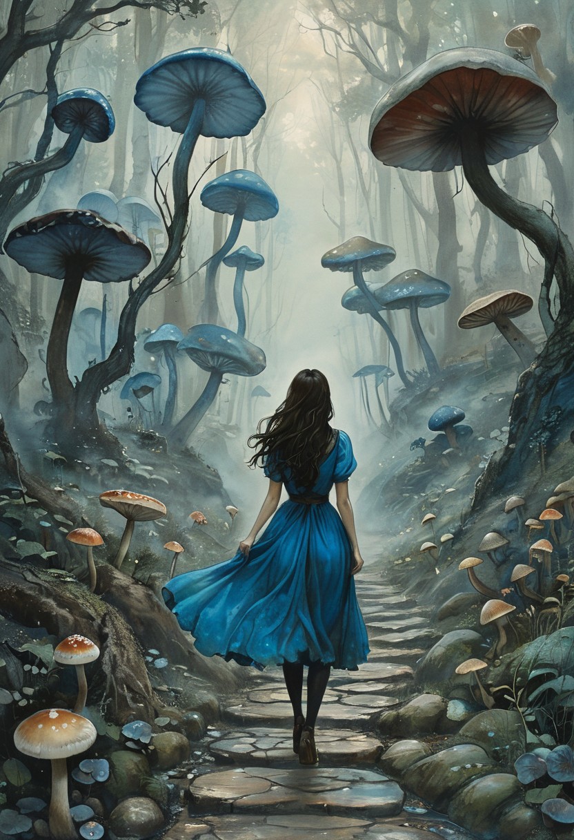 (water-colored:1.25), illustration, style of Jessica Galbreth,
(far view, far shot, high view, rear view, facing away:1.3),
(Alice, woman walking on a stone trail arms spread, very long dark brown hair,  hair rim lighting, blue maid dress with short sleeves, black tights:1.2),
fog, dreamy, dream,
(swamp, mushrooms, toxic mushrooms, mud, empty land:1.6)