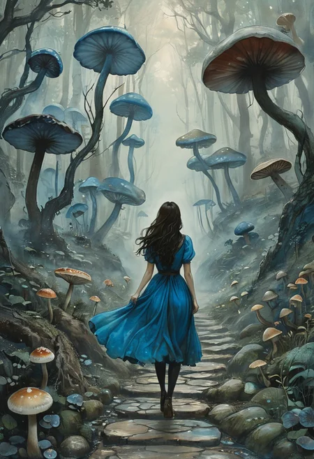 (water-colored:1.25), illustration, style of Jessica Galbreth,
(far view, far shot, high view, rear view, facing away:1.3),
(Alice, woman walking on a stone trail arms spread, very long dark brown hair, hair rim lighting, blue maid dress with short sleeves, black tights:1.2),
fog, dreamy, dream,
(swamp, mushrooms, toxic mushrooms, mud, empty land:1.6)
