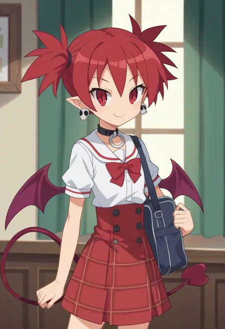 score_9, score_8_up, score_7_up, score_6_up, score_5_up, score_4_up , anime coloring ,BREAK source_anime, anime screencap,
1girl, solo, disetna, red hair, twintails, demon wings, demon girl, demon tail, skull earrings, o-ring choker, black choker, dress, school uniform, red skirt, plaid skirt, <lora:PonyXL Etna V5:1>
indoors, smile,