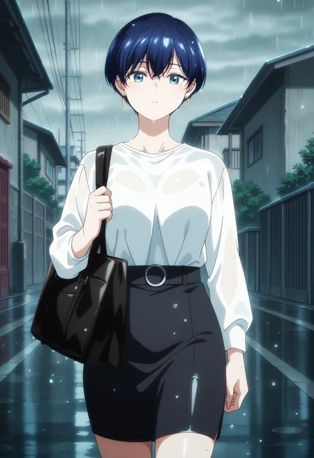 masterpiece, best quality,  absurdres, highres, 1girl,  <lora:anime_screencap:1>, anime screencap, anime coloring,  <lora:fuji:1>, fujiwz, very short hair, blue hair, hair between eyes,  blue eyes, mole, mole under eye, earrings, white shirt, long sleeves, pencil skirt, black skirt, shoulder bag, black bag, rain, wet, street, house, grey sky, safe, looking at viewer, walking, cowboy shot,