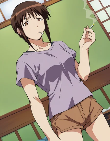 score_9, score_8_up, score_7_up, source_anime,
harukaurashima, <lora:haruka-urashima-ponyxl-lora-nochekaiser:1>,
haruka urashima, short hair, brown hair, brown eyes,
shirt, shorts,
indoors, smoking, cigarette,
looking at viewer, dutch angle, cowboy shot,