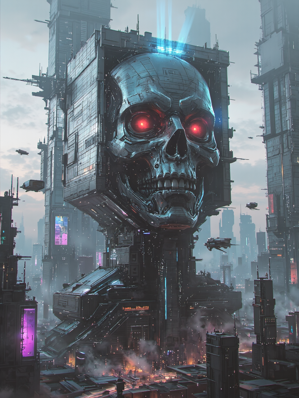 in the style of ck-sfc, Futuristic skyscraper in the heart of a cyberpunk city, towering glass-and-steel structure with a sleek, reflective facade. From the upper levels, geometric rhombic shapes protrude dynamically, forming a colossal, angular face resembling the Terminator—cold, metallic, with glowing red eyes and a grid-like mouth. The cityscape below is alive with neon lights, holographic billboards, and flying vehicles. Hyper-detailed, 8k resolution, Unreal Engine render style, dramatic lighting with a mix of deep shadows and electric-blue accents. Moody atmosphere, dystopian yet awe-inspiring, intricate mechanical details on the tower’s surface, energy beams radiating from the Terminator’s eyes. Trending on ArtStation, cinematic composition, sharp focus.