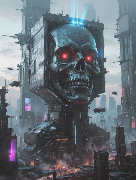 in the style of ck-sfc, Futuristic skyscraper in the heart of a cyberpunk city, towering glass-and-steel structure with a sleek, reflective facade. From the upper levels, geometric rhombic shapes protrude dynamically, forming a colossal, angular face resembling the Terminator—cold, metallic, with glowing red eyes and a grid-like mouth. The cityscape below is alive with neon lights, holographic billboards, and flying vehicles. Hyper-detailed, 8k resolution, Unreal Engine render style, dramatic lighting with a mix of deep shadows and electric-blue accents. Moody atmosphere, dystopian yet awe-inspiring, intricate mechanical details on the tower’s surface, energy beams radiating from the Terminator’s eyes. Trending on ArtStation, cinematic composition, sharp focus.