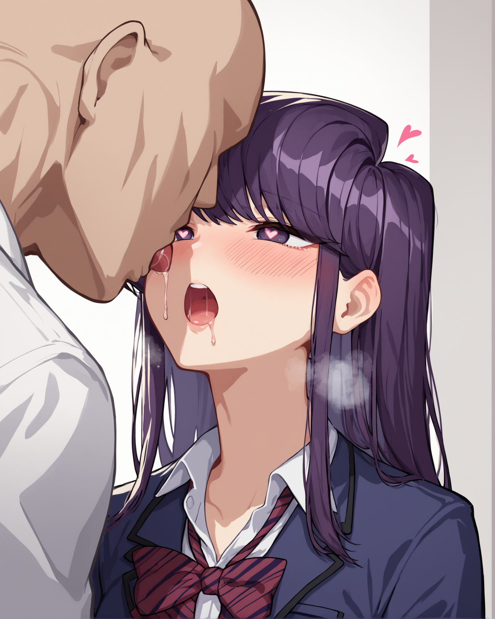 score_9, score_8_up, score_7_up, source_anime BREAK 1girl, Komi Shouko, purple eyes, swept bangs, long hair, over-the-shoulder shot, purple hair, looking at another, upper body, blush, open mouth, saliva trail, after kiss, heart-shaped pupils, heavy breathing, netorare, cheating (relationship), <lora:Over-the-shoulder_shot:1>, 1boy, male facing away, bald male, bow, rating_questionable