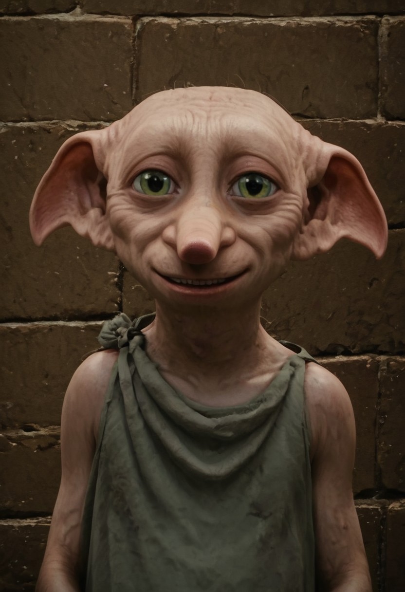 dobby_free, 1male, short, bald, large green eyes, long nose, long pointed ears, pale skin, sleeveless light grey rags clothes, brown shoes, score_8_up, score_7_up, BREAK, solo, looking at viewer, smiling, waving at viewer, male focus, looking at viewer, bedroom background, detailed background, 4k, masterpiece, best quality, highly detailed, realistic, portrait