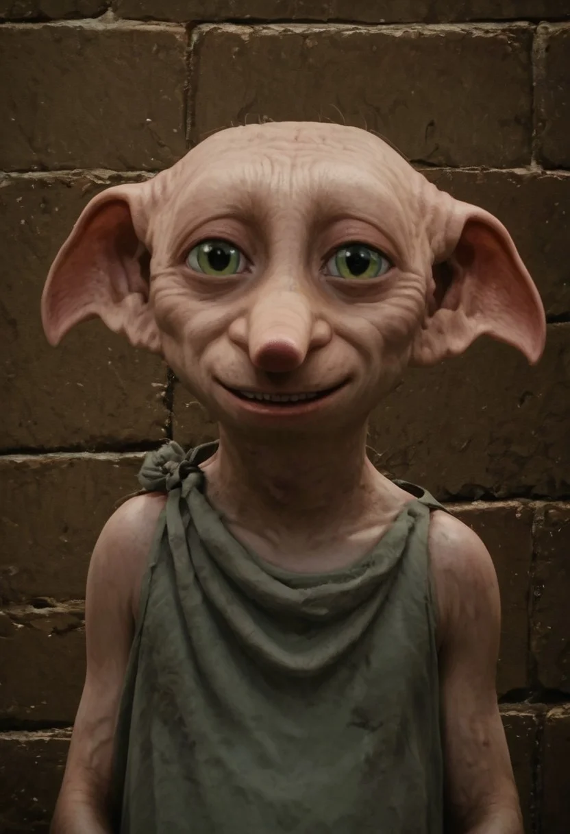 dobby_free, 1male, short, bald, large green eyes, long nose, long pointed ears, pale skin, sleeveless light grey rags clothes, brown shoes, score_8_up, score_7_up, BREAK, solo, looking at viewer, smiling, waving at viewer, male focus, looking at viewer, bedroom background, detailed background, 4k, masterpiece, best quality, highly detailed, realistic, portrait