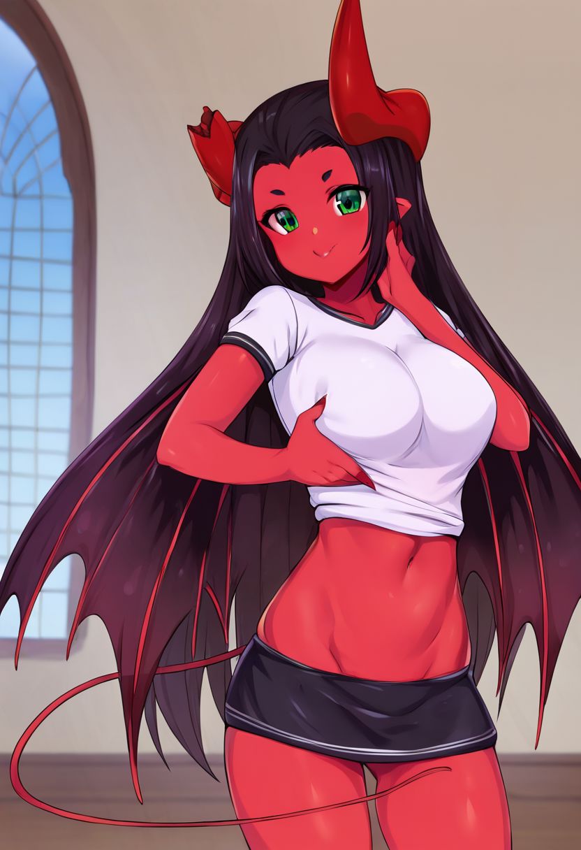((ultra-detailed)), ((best quality)), ((best quality)), ((beautiful eyes)), ((extremely detailed)), 4K, (8K), best quality, (beautiful), source_anime, 1girl, solo, female, big breast, slender body, young, beautiful eyes, detailed eyes, red skin, horns, broken horn, green eyes, long hair, black hair, wings, tail, mini skirt, shirt, indoors, house, colorful, best quality, masterpiece, nai3, god light, detailed background, high quality background, evdokiya