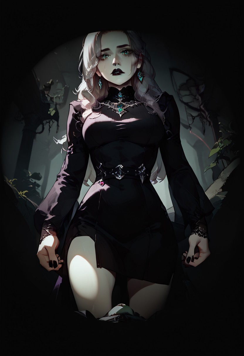score_9, score_8_up, score_7_up, concept art, realistic, dark theme, perfect quality, masterpiece, highly detailed, dim light, Expressiveh, 4kFacePonyXL, ng_deepnegative_v1_75t,
anatomically perfect, bhands, glowing, neon lights,
gothic fantasy style, gothic grey ruins, outdoor scene, large stone coffin,
sideways pov, from below, 1male, fully clothed, lying on top of large stone coffin, 5L33PYM4L3P0V, falling asleep, darkening, eyelids closing, sight fading, body out of frame, looking up at girl, 
1girl, 30 years old woman, solo, tall regal figure, slender body, fit athletic body, beautiful face, pale skin, black boots, slightly torn elegant long black robes, thick robes, rags, robes covering body from neck to ankle, black scarf, holes in robe, dark black messy hair, waist length hair, long hair, large sexy eyes, vibrant green eyes, black nail polish, black lipstick, sad expression, crying, silver ring with ruby stone, silver diamond earrings, lace gloves, nose piercing, silver necklace with ruby medallion, standing over pov viewer, standing over pov viewer, looking down at viewer, blood on her hands,