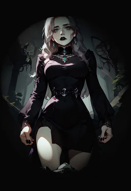 score_9, score_8_up, score_7_up, concept art, realistic, dark theme, perfect quality, masterpiece, highly detailed, dim light, Expressiveh, 4kFacePonyXL, ng_deepnegative_v1_75t,
anatomically perfect, bhands, glowing, neon lights,
gothic fantasy style, gothic grey ruins, outdoor scene, large stone coffin,
sideways pov, from below, 1male, fully clothed, lying on top of large stone coffin, 5L33PYM4L3P0V, falling asleep, darkening, eyelids closing, sight fading, body out of frame, looking up at girl,
1girl, 30 years old woman, solo, tall regal figure, slender body, fit athletic body, beautiful face, pale skin, black boots, slightly torn elegant long black robes, thick robes, rags, robes covering body from neck to ankle, black scarf, holes in robe, dark black messy hair, waist length hair, long hair, large sexy eyes, vibrant green eyes, black nail polish, black lipstick, sad expression, crying, silver ring with ruby stone, silver diamond earrings, lace gloves, nose piercing, silver necklace with ruby medallion, standing over pov viewer, standing over pov viewer, looking down at viewer, blood on her hands,