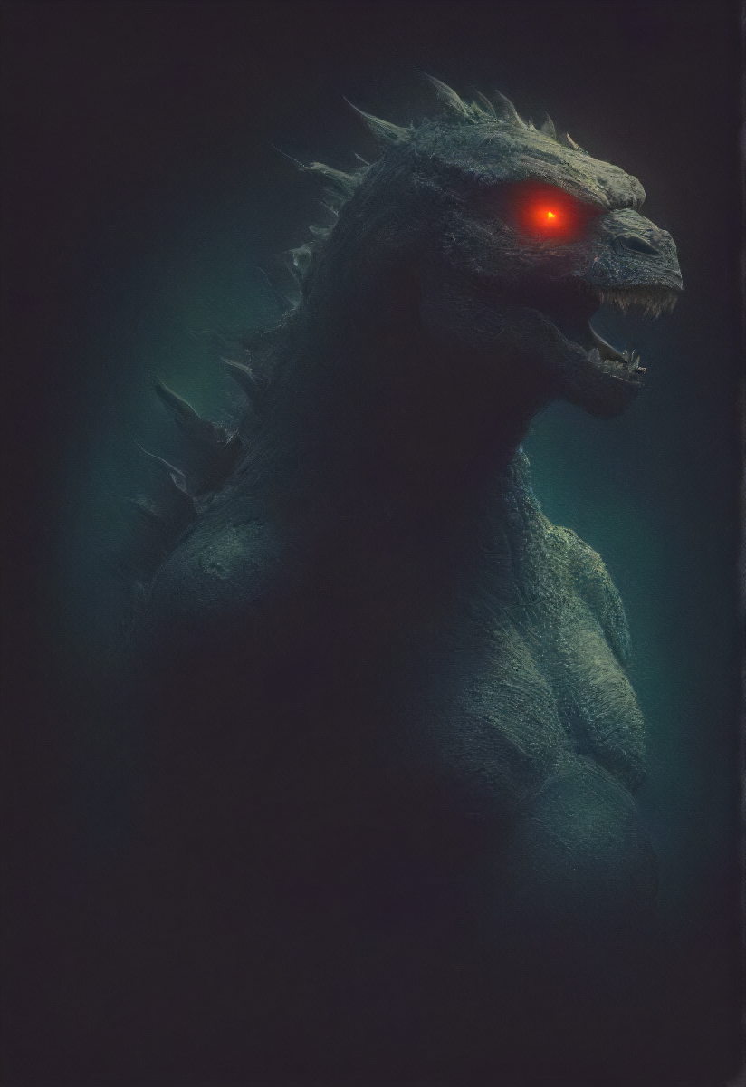 can't see anything with all this dark haze and godzilla for some reason glowing menacingly colorful while shooting lasers, detailed, high quality , <lora:- SDXL - vanta-black_contrast_V3.0:0.8>