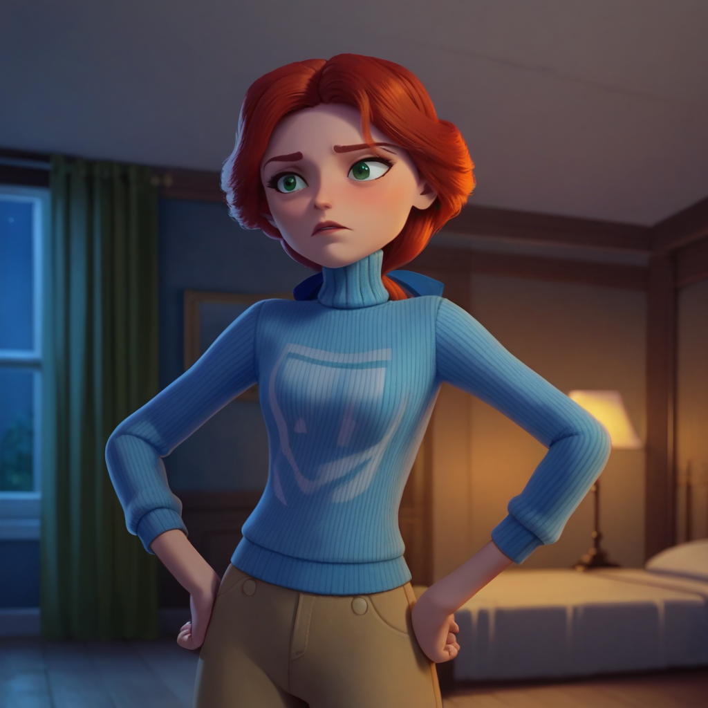score_9_up, score_8_up, BREAK, VirginiaOtis, 1girl, solo, red hair, green eyes, blue sweater, turtleneck, pants, hands on own hips,  <lora:VirginiaOtis_TheCantervilleGhost_PXL_Leaf2:0.8>, indoors, night,